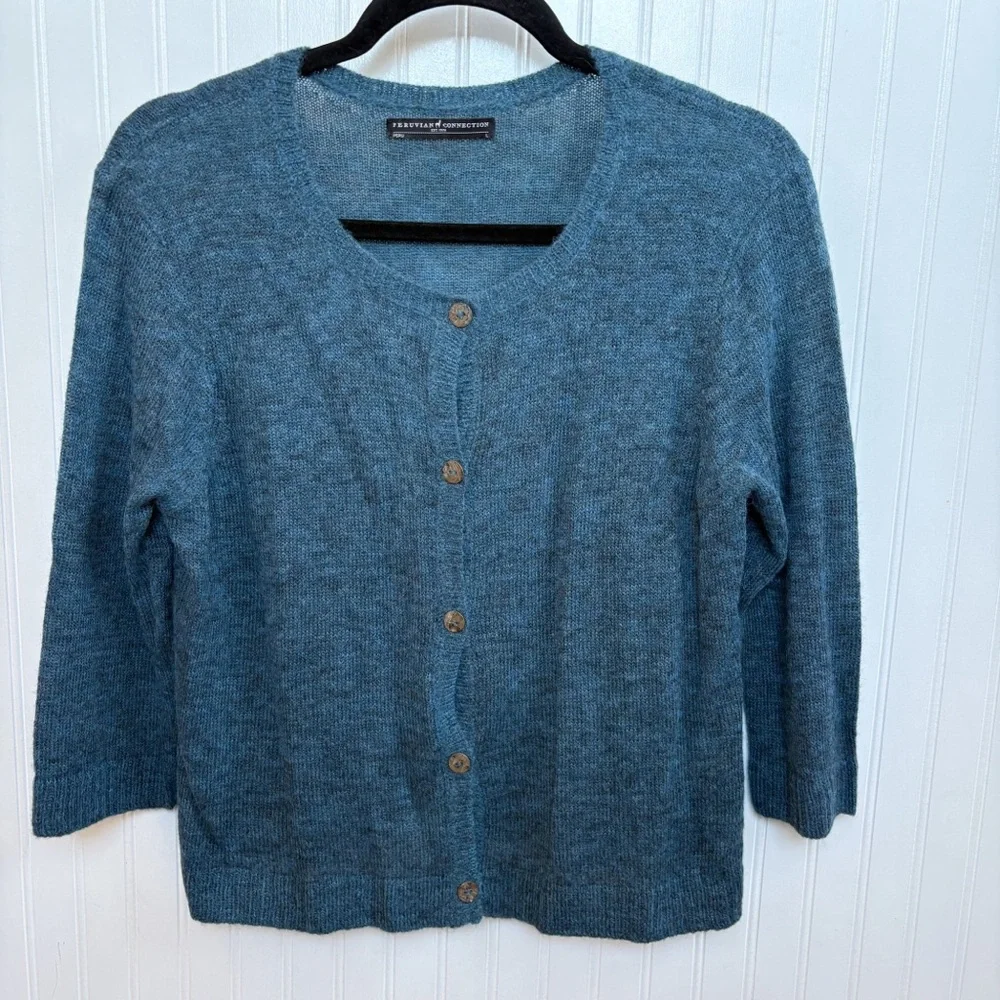 Peruvian Connection Lake Blue Nora Cardigan Sweater Baby Alpaca Wool Size Large